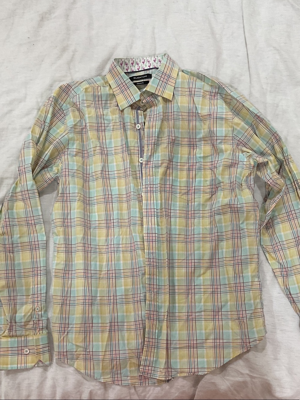 Bugatchi Plaid Button-Down Shirt in Yellow, Blue and Cream